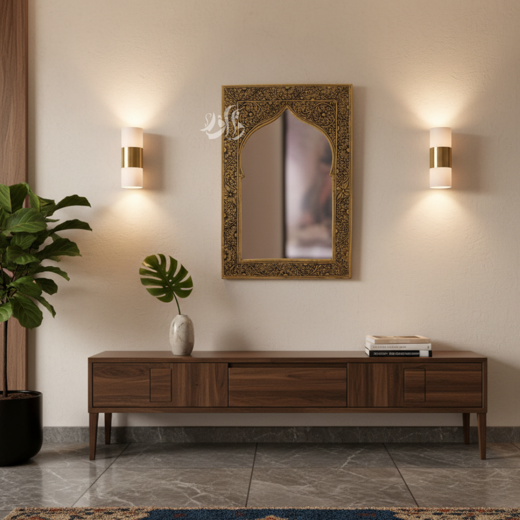 Miroir Mural  Fait Main en Laiton – Design Arc Mosquée Bohème Chic