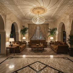 Lustre marocain en cuivre de luxe aux motifs artisanaux et lumière chaleureuse