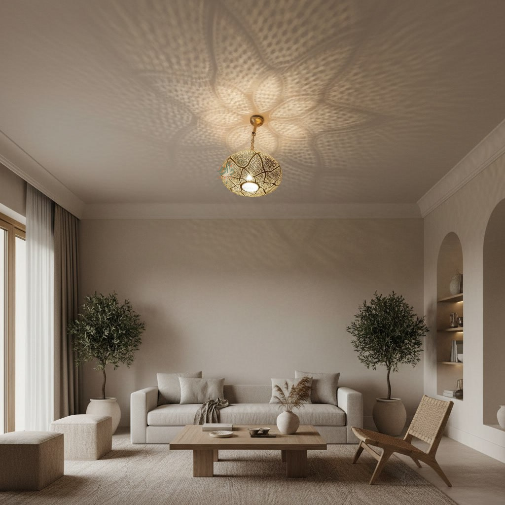 Lustre marocain en cuivre de luxe aux motifs artisanaux et lumière chaleureuse