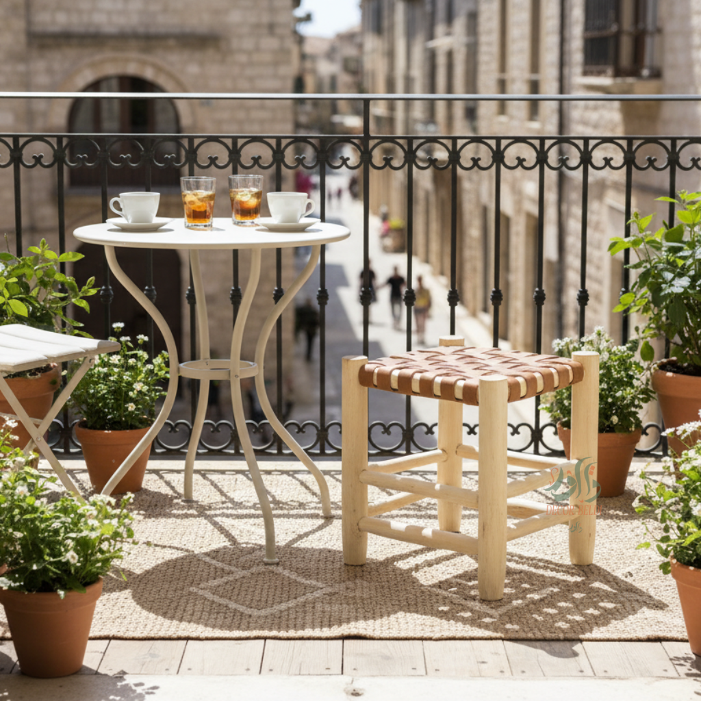 Banc artisanal en bois avec assise tressée à la main | Design naturel et élégant pour balcon et intérieur