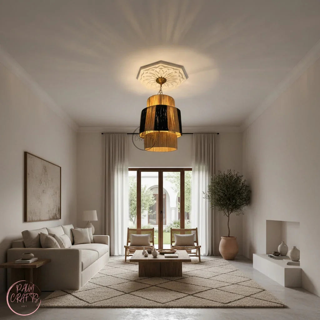 Suspension Luminaire Artisanale en Raphia – Décoration Bohème Naturelle