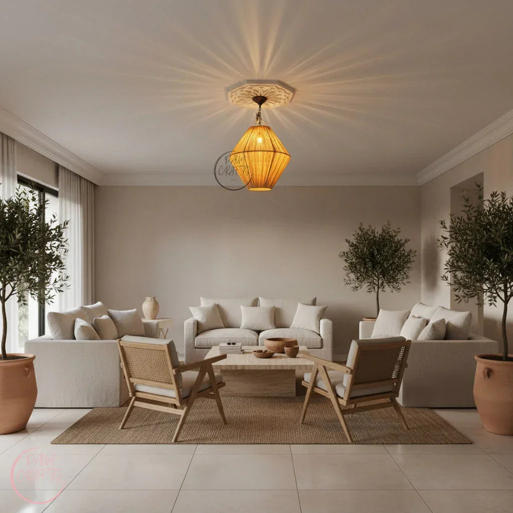 Suspension Luminaire Artisanale en Raphia – Décoration Bohème Naturelle