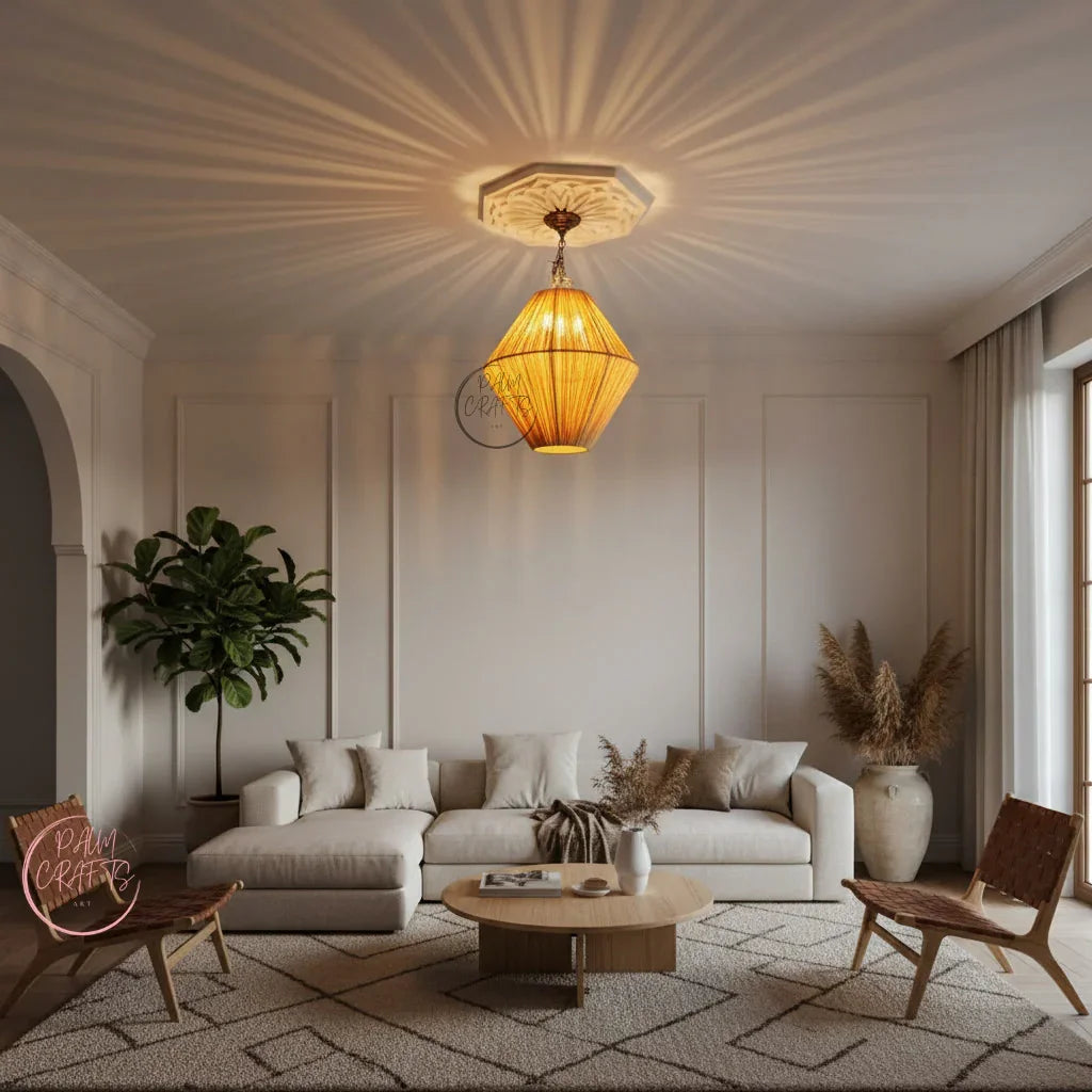 Suspension Luminaire Artisanale en Raphia – Décoration Bohème Naturelle