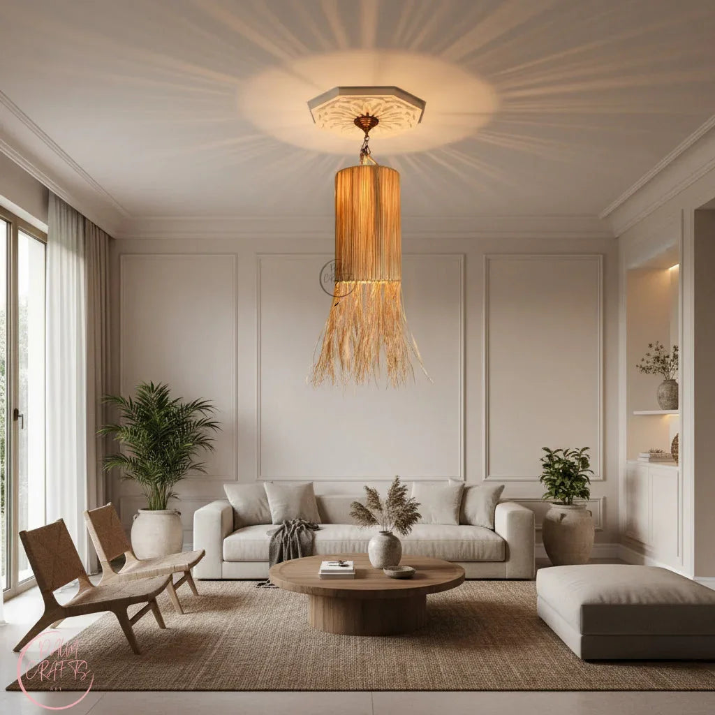 Suspension Luminaire Artisanale en Raphia – Décoration Bohème Naturelle