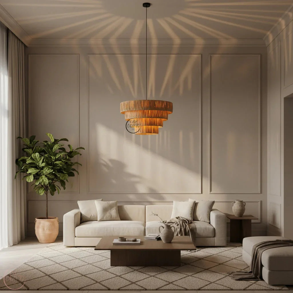 Suspension Luminaire Artisanale en Raphia – Décoration Bohème Naturelle