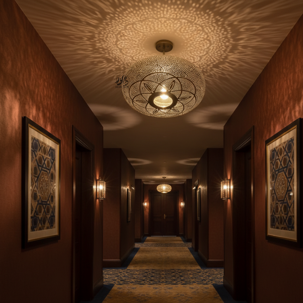 Lustre marocain en cuivre de luxe aux motifs artisanaux et lumière chaleureuse