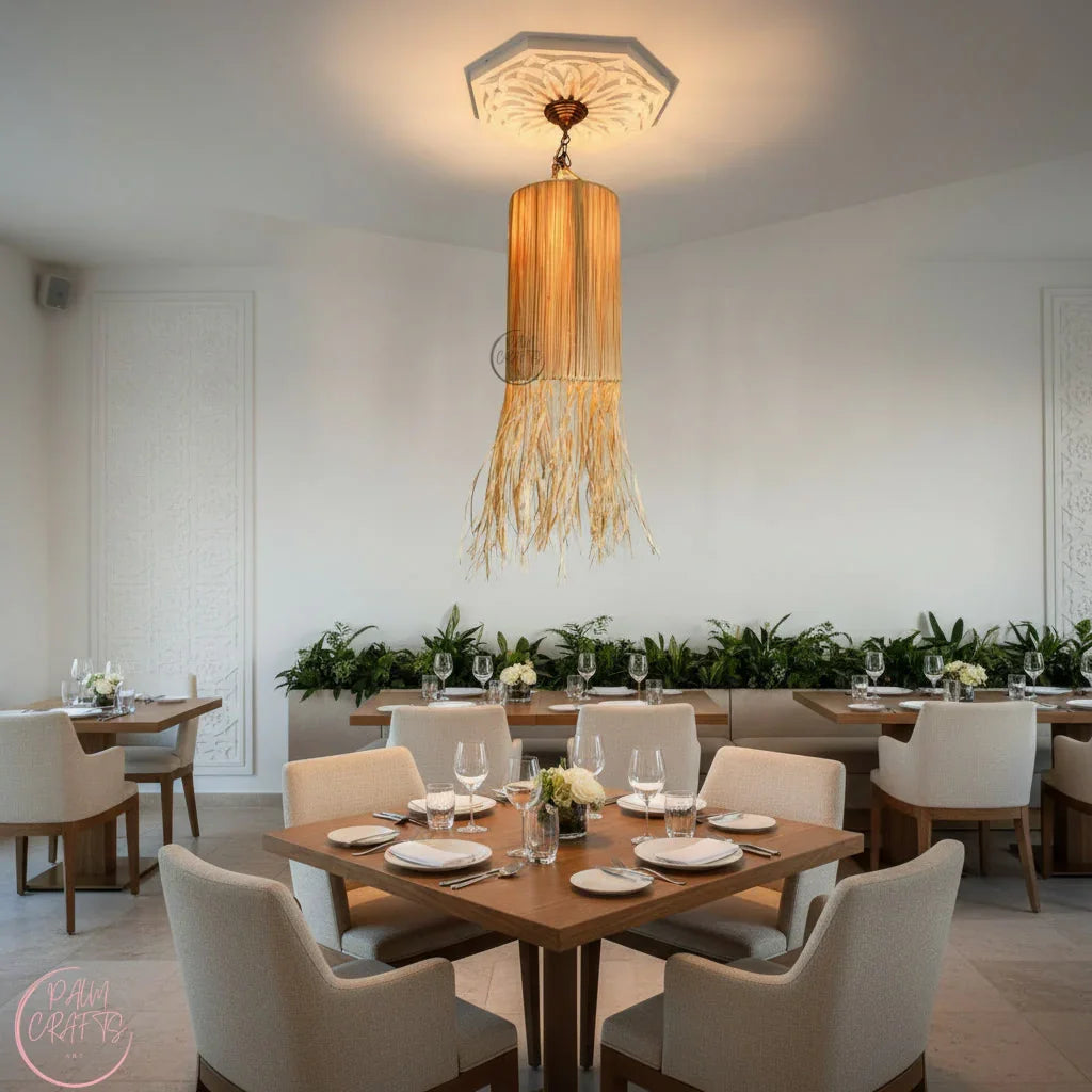 Suspension Luminaire Artisanale en Raphia – Décoration Bohème Naturelle
