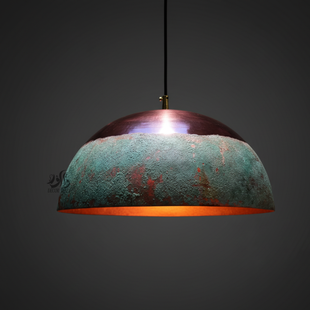 Suspension Dôme en Laiton et Cuivre – Luminaire Artisanal à Patine Verte Fait Main