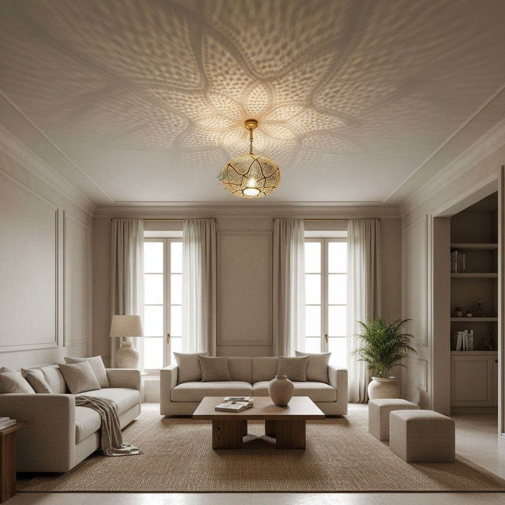 Lustre marocain en cuivre de luxe aux motifs artisanaux et lumière chaleureuse