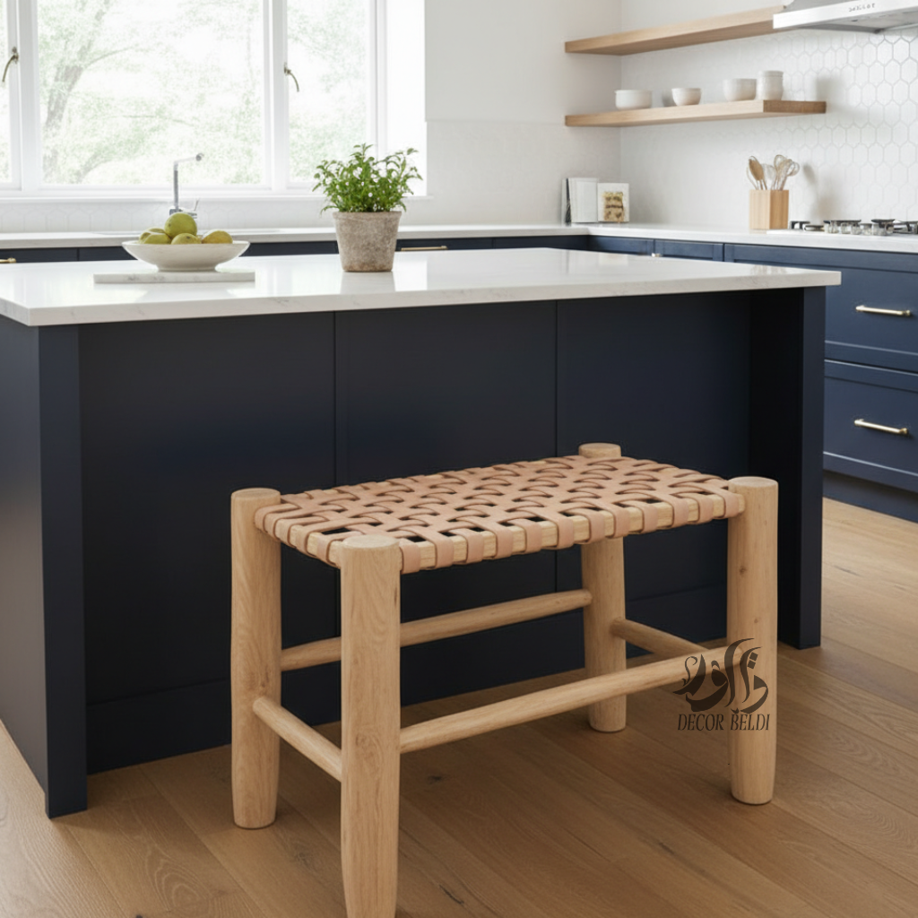 Banc artisanal en bois avec assise tressée à la main | Design naturel et élégant pour balcon et intérieur