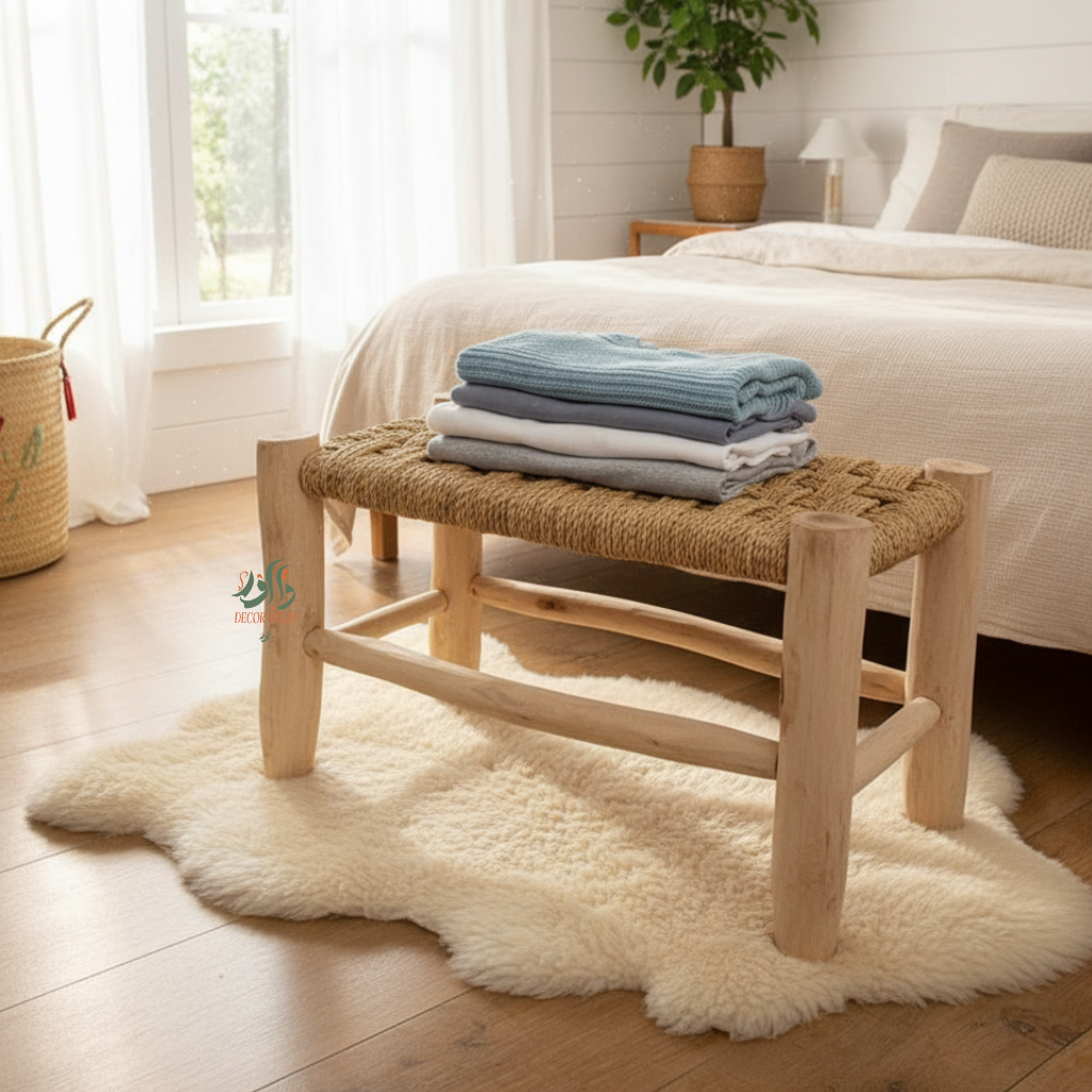 Banc Marocain Artisanal en Bois d’Eucalyptus – Style Bohème Beldi avec Assise Tressée