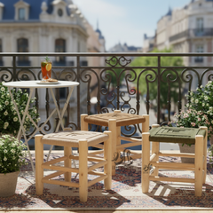 Lot de 3 tabourets artisanaux en bois avec assise tressée | Design naturel et élégant pour balcon et intérieur
