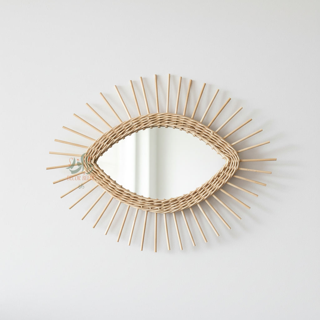 Miroir Mural Artisanal en Raphia Naturel – Design Bohème Élégant au Style Solaire