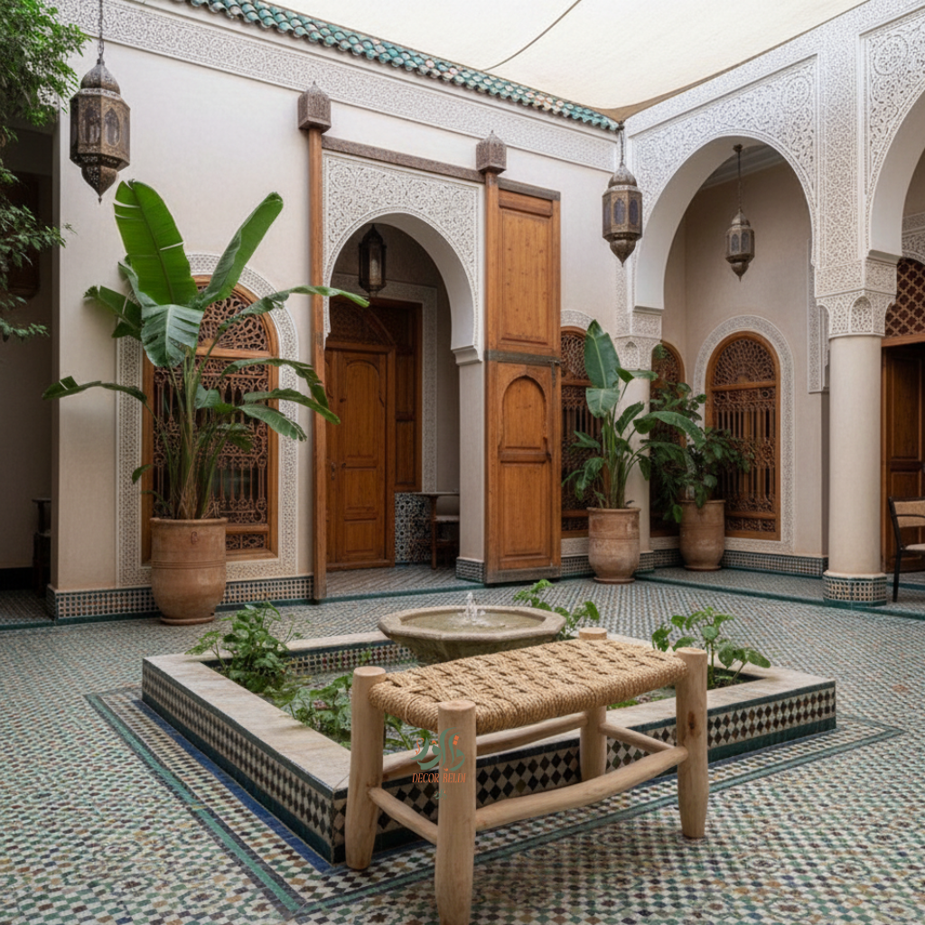 Banc Marocain Artisanal en Bois d’Eucalyptus – Style Bohème Beldi avec Assise Tressée