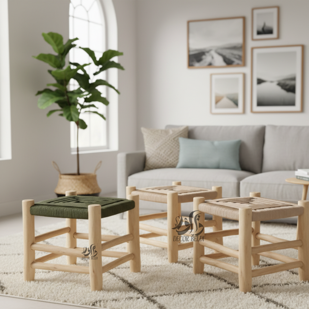 Lot de 3 tabourets artisanaux en bois avec assise tressée | Design naturel et élégant pour balcon et intérieur