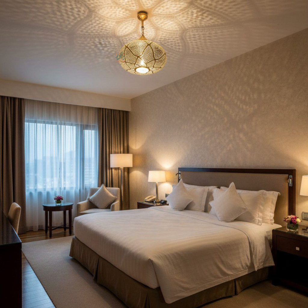 Lustre marocain en cuivre de luxe aux motifs artisanaux et lumière chaleureuse