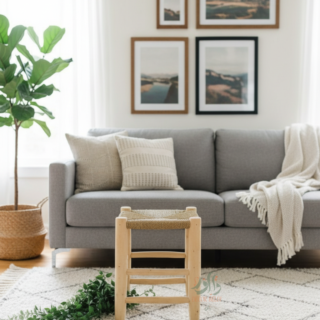 Tabouret artisanal en bois avec assise tressée à la main | Style naturel et élégant pour balcon et intérieur
