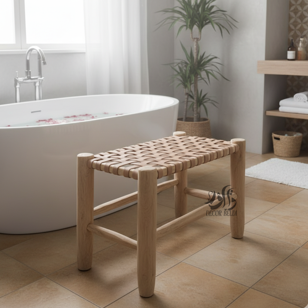 Banc artisanal en bois avec assise tressée à la main | Design naturel et élégant pour balcon et intérieur