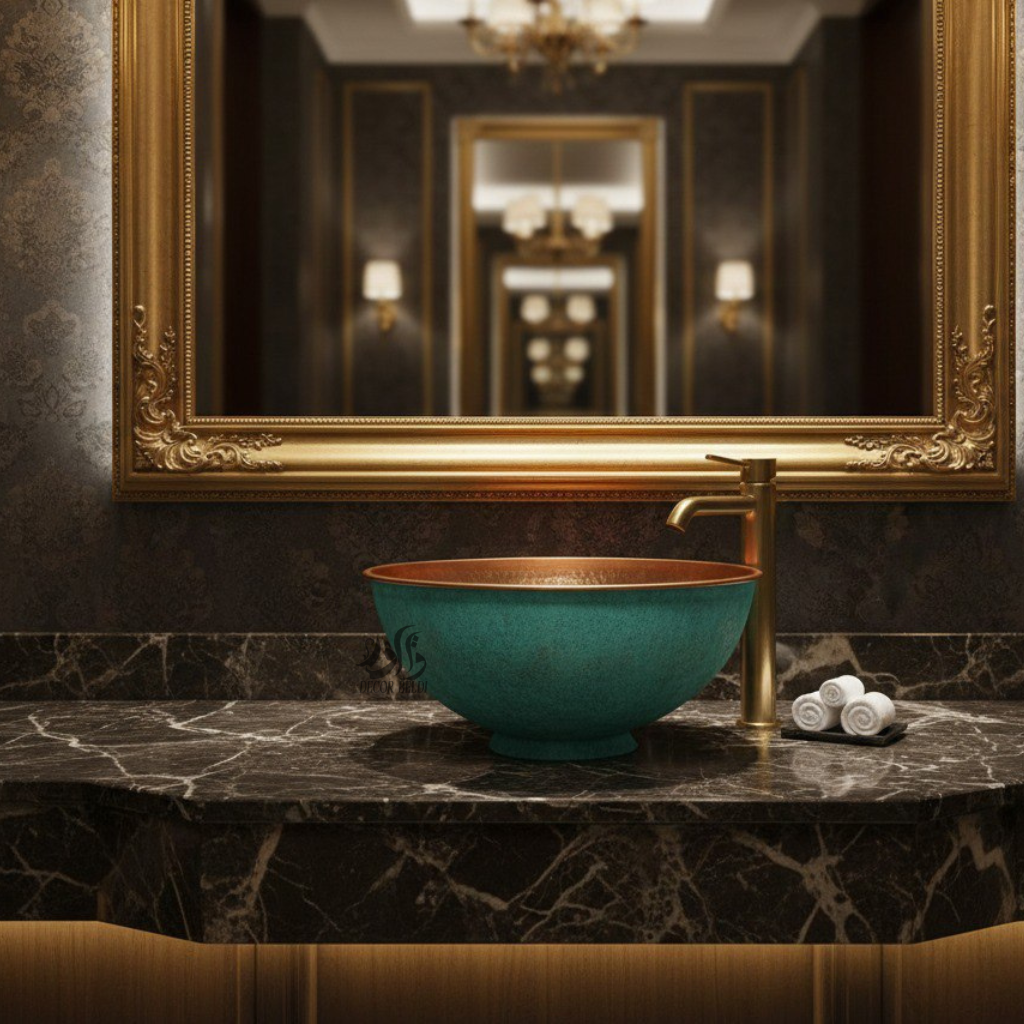 Bol décoratif en métal haut de gamme, finition vert patiné et intérieur cuivré