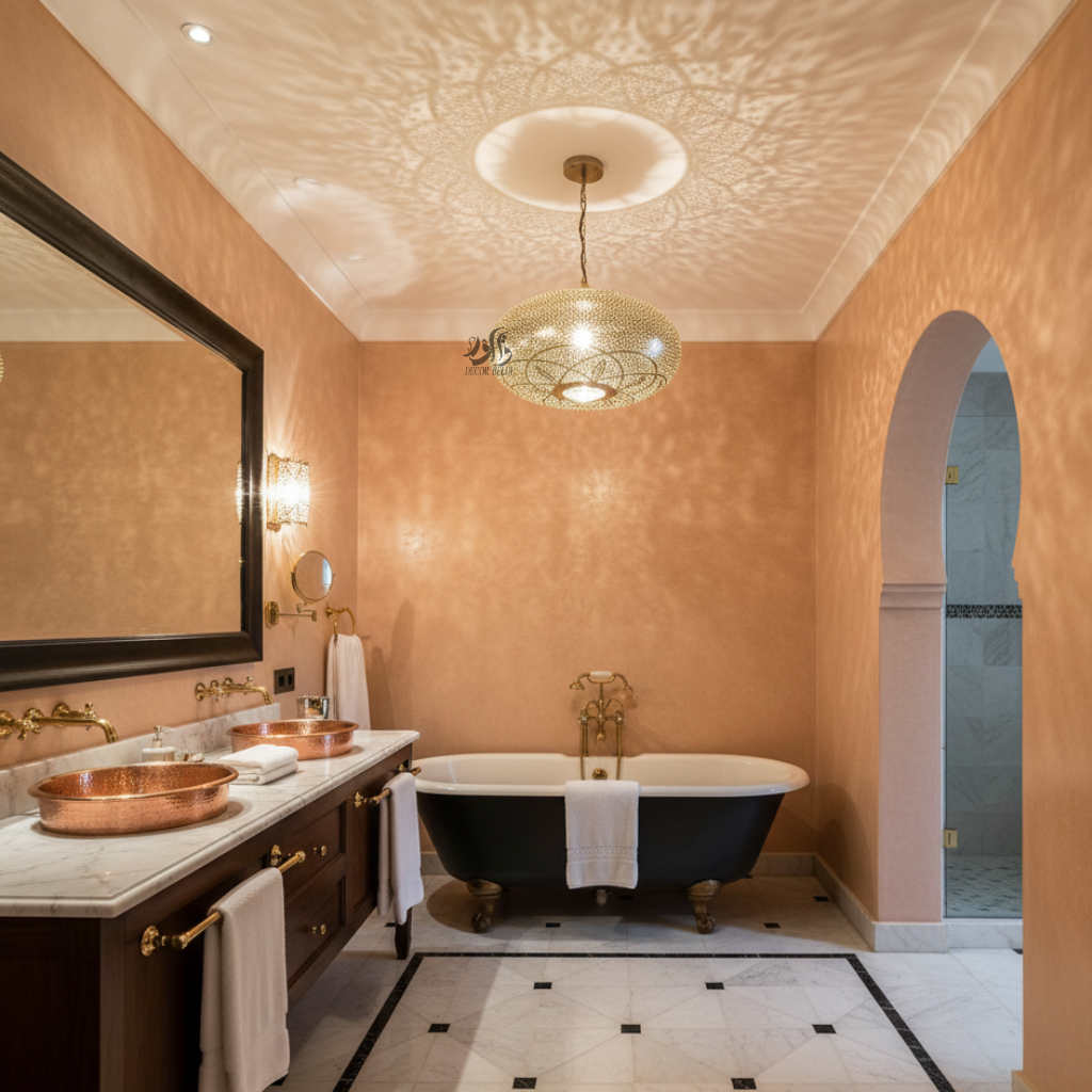 Lustre marocain en cuivre de luxe aux motifs artisanaux et lumière chaleureuse