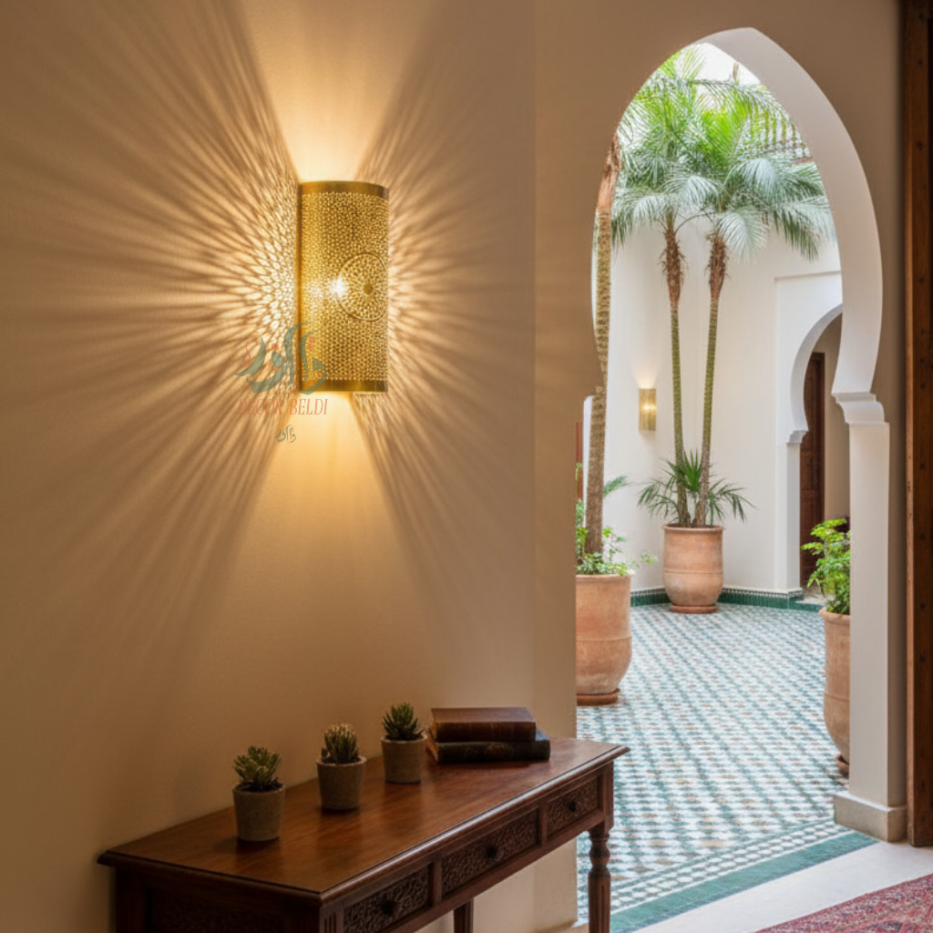 Applique murale en laiton à motifs géométriques marocains
