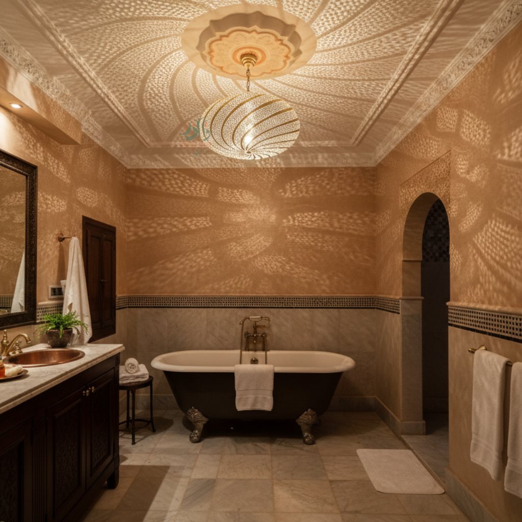 Lustre marocain en cuivre de luxe aux motifs artisanaux et lumière chaleureuse