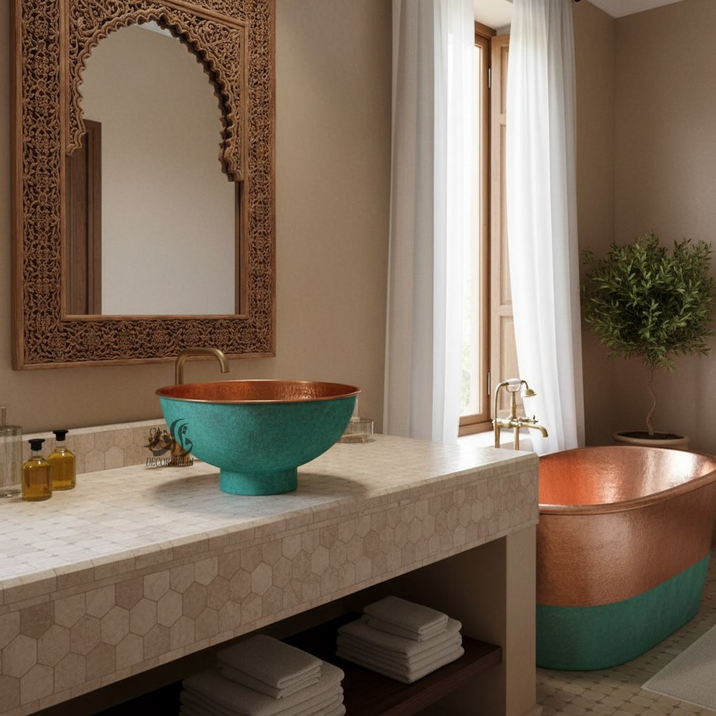 Bol décoratif en métal haut de gamme, finition vert patiné et intérieur cuivré