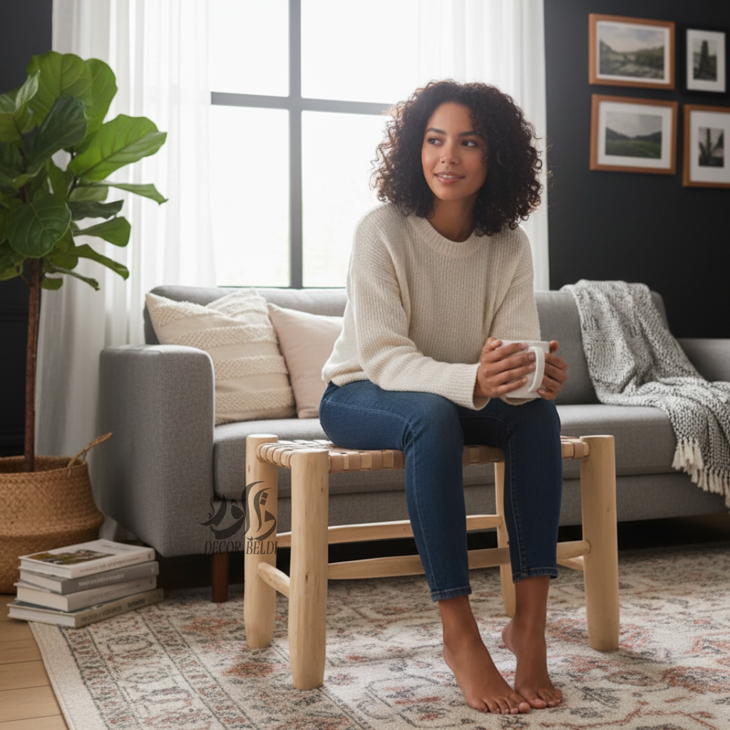 Banc artisanal en bois avec assise tressée à la main | Design naturel et élégant pour balcon et intérieur
