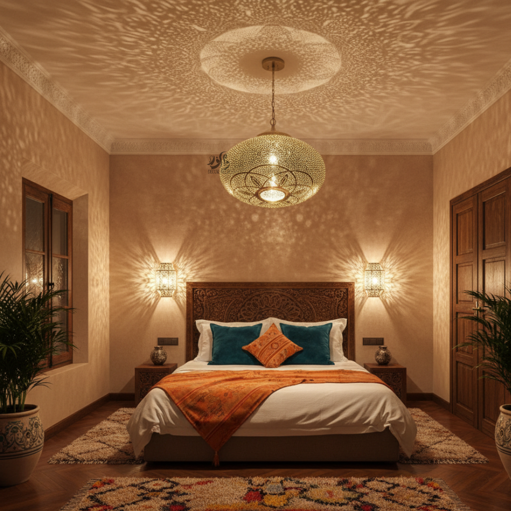 Lustre marocain en cuivre de luxe aux motifs artisanaux et lumière chaleureuse