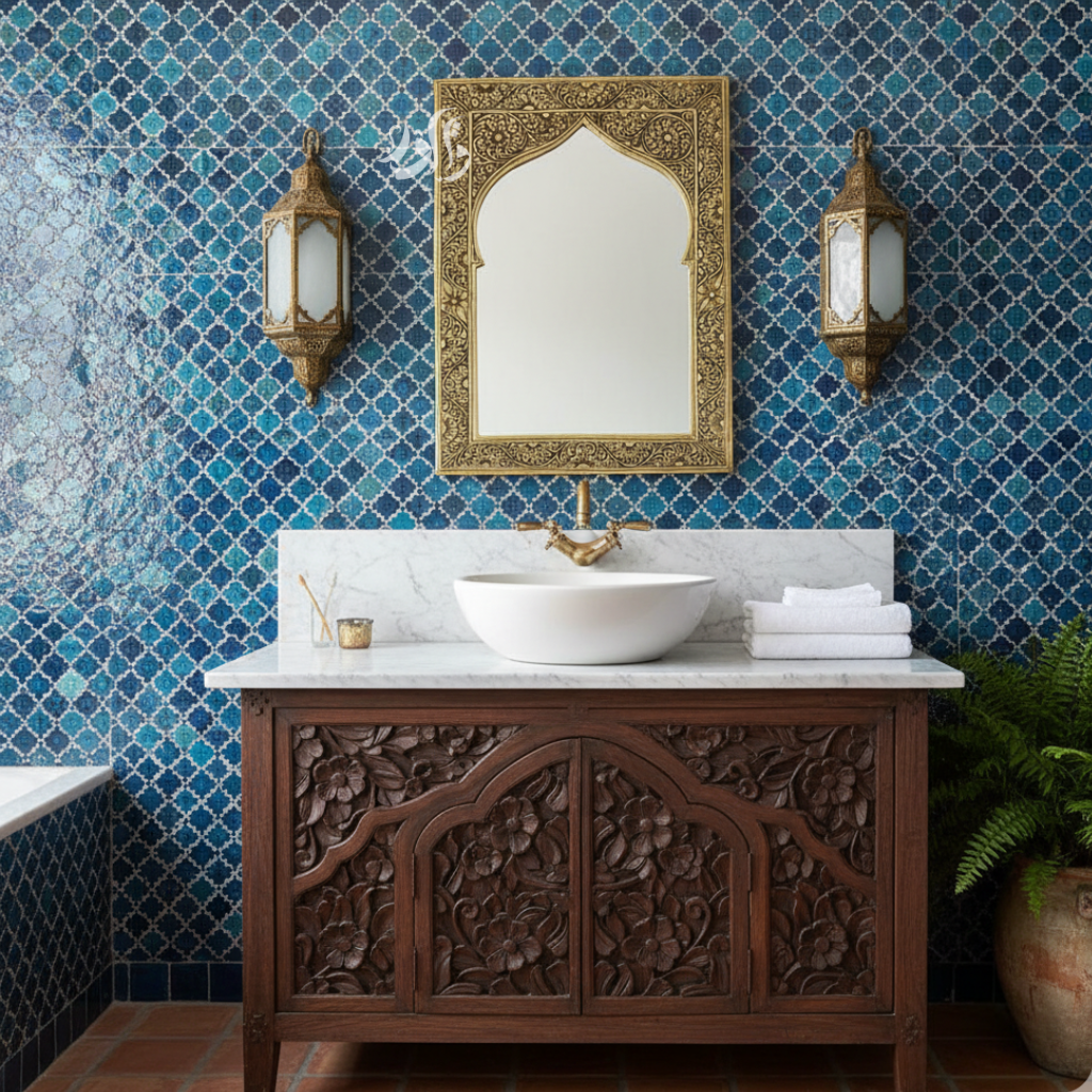 Miroir Mural  Fait Main en Laiton – Design Arc Mosquée Bohème Chic